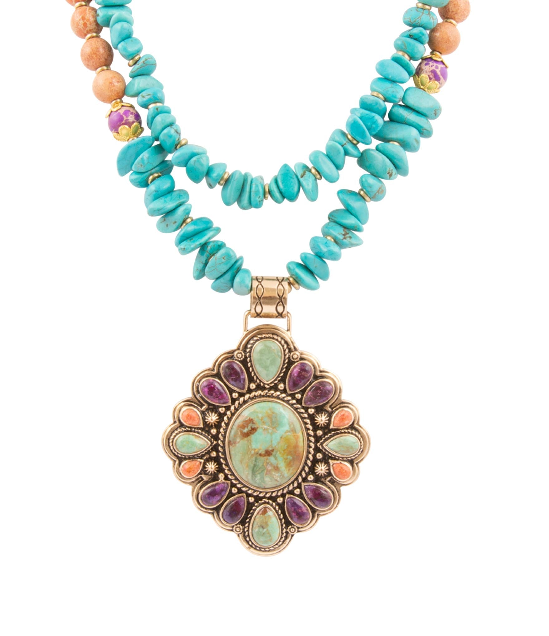 Turquoise beaded necklace with a decorative pendant on a white background