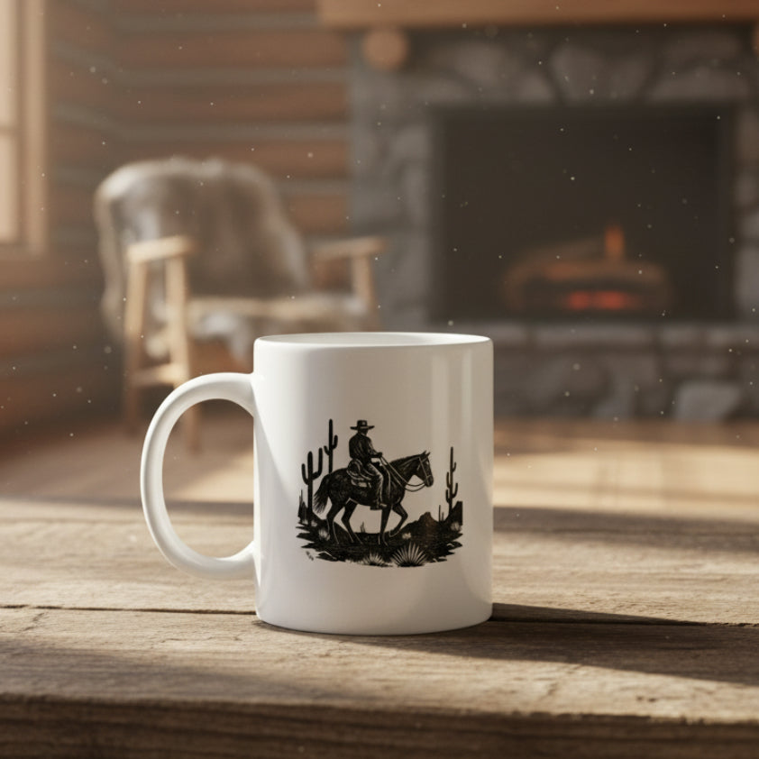 White mug with a black silhouette of a cowboy on a horse and cacti design.
